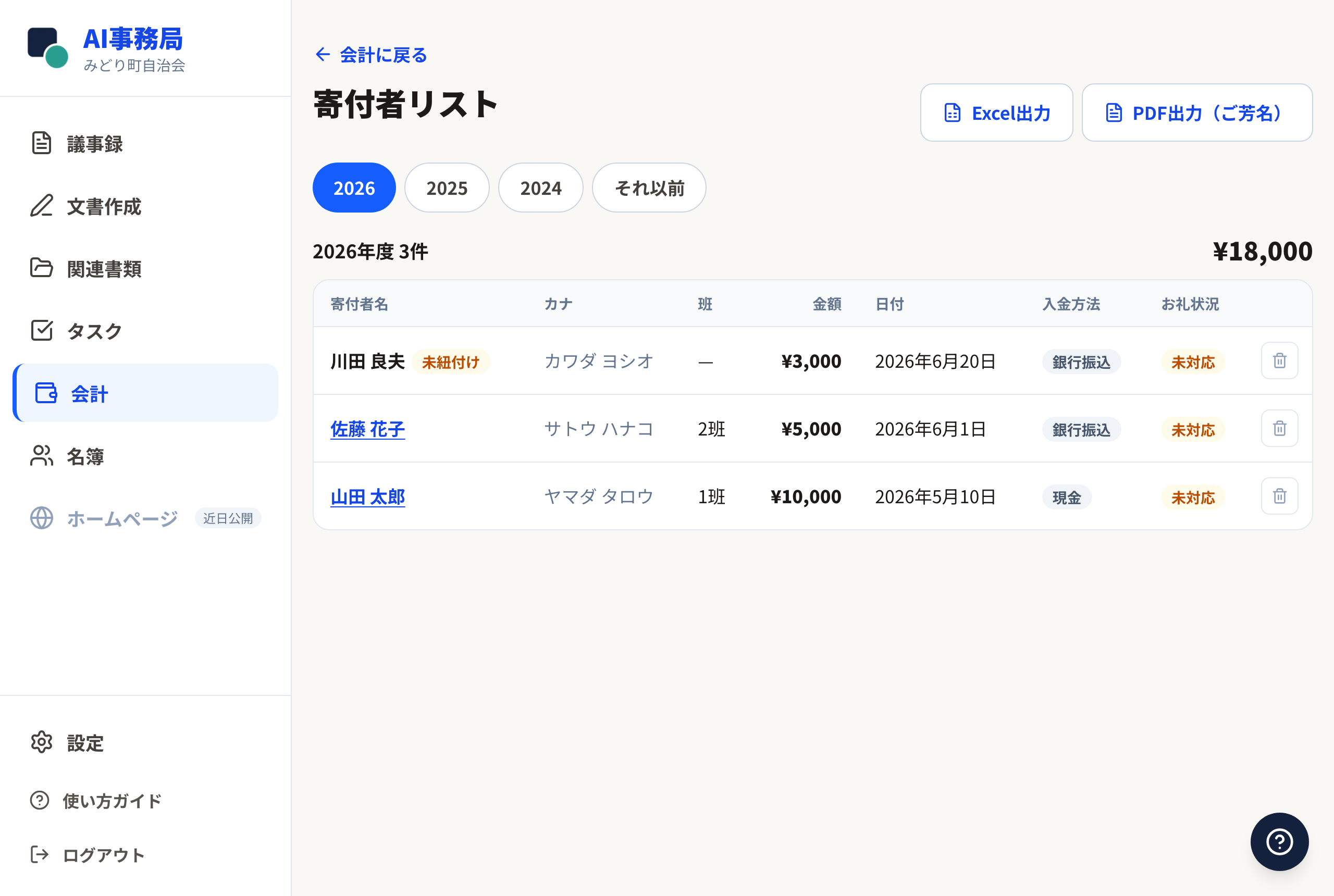 寄付者リストの画面（行の右にごみ箱ボタン）